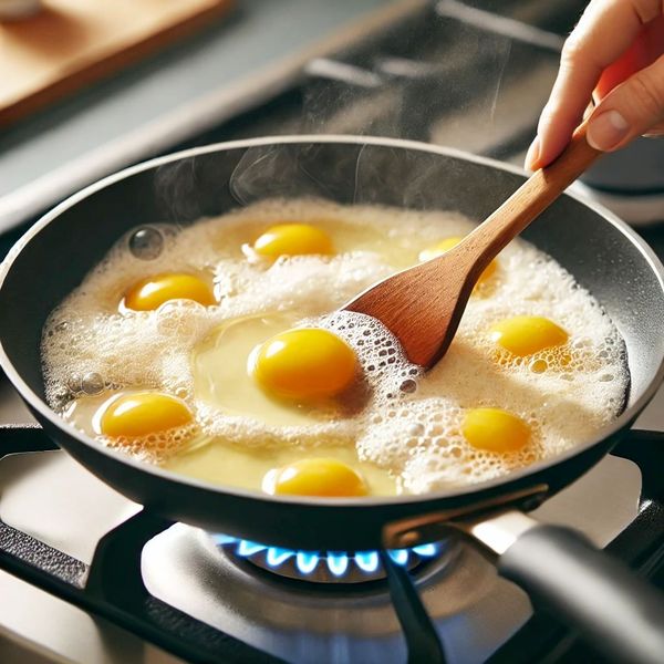 Heat 1 tablespoon of oil in a pan, add the lightly beaten eggs, and scramble them. Once cooked, set them aside.