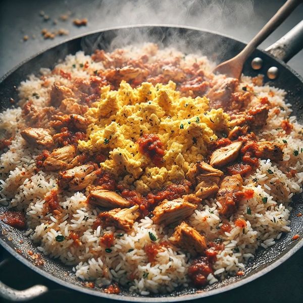 Add the cooked rice to the pan and mix well until the rice is evenly coated. Add the scrambled eggs back in and stir. Cook for a few more minutes.