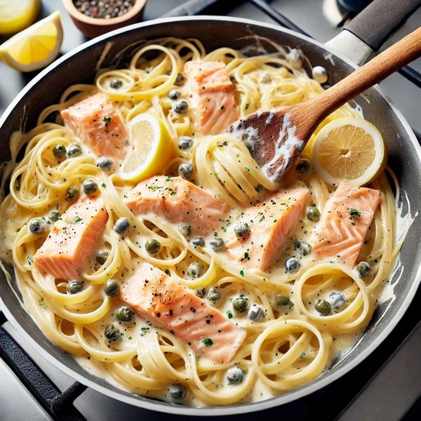 Tambahkan linguine yang sudah dimasak ke dalam saus, aduk hingga merata. Masukkan salmon yang sudah diiris tipis dengan perlahan.