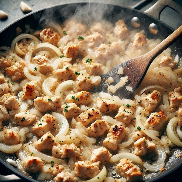 Heat the remaining oil in the pan, add the diced chicken, and cook until browned. Then, add the chopped onion and garlic and sauté until fragrant.