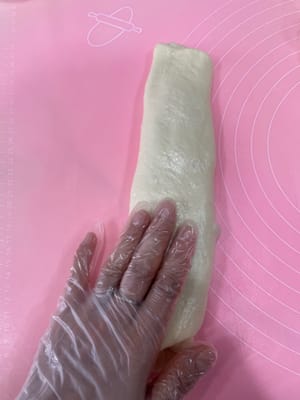 240g椰蓉辫子包:
把面团擀平,铺上椰蓉酱,折好再轻轻压扁。
用刀切成三条(顶端别切断),有椰蓉的一面朝上,像编辫子一样编起来,收口捏紧。
把两端向里卷成一个圆,放进240g的一次性面包盒里发酵。