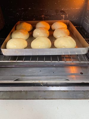 小餐包用180°C上下火,放最底层烤,8分钟的时候盖锡纸,总共烤12分钟。
240g的大面包也是180°C,烤18分钟,同样在8分钟的时候盖锡纸,出炉后再刷一层黄油,亮闪闪的超有食欲!