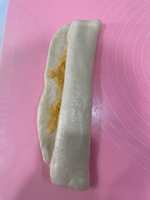 240g椰蓉辫子包:
把面团擀平,铺上椰蓉酱,折好再轻轻压扁。
用刀切成三条(顶端别切断),有椰蓉的一面朝上,像编辫子一样编起来,收口捏紧。
把两端向里卷成一个圆,放进240g的一次性面包盒里发酵。