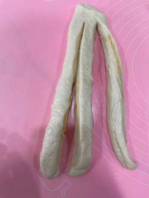 240g椰蓉辫子包:
把面团擀平,铺上椰蓉酱,折好再轻轻压扁。
用刀切成三条(顶端别切断),有椰蓉的一面朝上,像编辫子一样编起来,收口捏紧。
把两端向里卷成一个圆,放进240g的一次性面包盒里发酵。