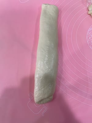 240g椰蓉辫子包:
把面团擀平,铺上椰蓉酱,折好再轻轻压扁。
用刀切成三条(顶端别切断),有椰蓉的一面朝上,像编辫子一样编起来,收口捏紧。
把两端向里卷成一个圆,放进240g的一次性面包盒里发酵。