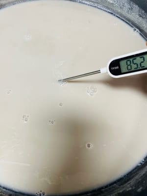 Añade la bilis del pudín de tofu: deja que la leche de soja cocida se enfríe a unos 85 grados (si no tienes un termómetro, apaga el fuego durante 2 o 3 minutos), filtra la piel de los frijoles de la superficie, vierte la bilis del pudín de tofu y revuelve (sé testigo del momento mágico) y el pudín de tofu aparecerá inmediatamente. También puedes reemplazarlo con 8 gramos de grasa y 10 gramos de agua, y el resultado será la versión Guangdong de pudín de tofu tierno y suave.