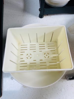El tofu está listo: busca un molde hermético, ponle una gasa encima, vierte el pudin de tofu y presiona sobre él un objeto que pese unos 500 gramos durante unos 20 a 30 minutos. Yo nunca compraría el tipo que está afuera, ya que después de un tiempo producirá mucha agua.