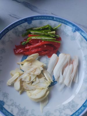 把10克的青辣椒改刀成絲，10克的紅辣椒改到刀成絲，10克的大蒜改刀成片備用。