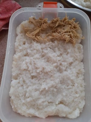 糯米飯煮熟後

準備一個焗盤，放入糯米飯，邊壓邊壓平，再放上雞絲，壓平。