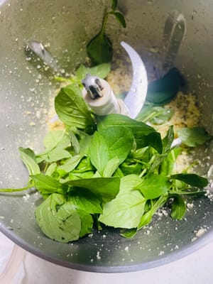 Untuk membuat pesto: Masukkan kacang pinus panggang dan bawang putih cincang ke dalam food processor dan haluskan hingga tercincang halus. Kemudian tambahkan daun basil dan haluskan bersama. Selanjutnya, tambahkan bayam yang sudah direbus sebentar dan lanjutkan menghaluskan. Terakhir, tambahkan minyak zaitun, garam, keju Parmesan atau bubuk keju, dan taburi dengan lada hitam. Haluskan hingga lembut.

Menambahkan bahan-bahan yang tidak termasuk dalam resep, seperti 10 ml krim kental, akan membuat teksturnya lebih lembut dan meningkatkan rasa creamy (saya tidak menambahkannya).