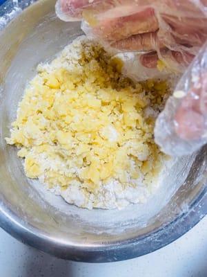 Next, add 320g of all-purpose flour and mix with your hands until no dry powder remains. Cover the bowl with plastic wrap and let the dough rest at room temperature for two hours. Remember, if the dough isn't rested enough, it will crack when baked, and if it's rested too long, it will collapse. It's crucial to strike the right balance.