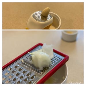 將大蒜和洋蔥（如果使用）磨碎放入碗中