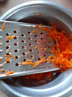 Then grate the carrots, finely sliced spring onions