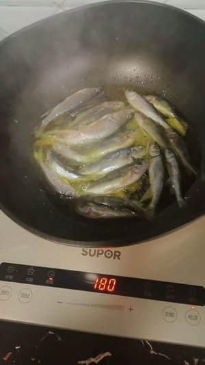 Scaldare l'olio in una padella, cospargere di sale, aggiungere le fette di zenzero, quindi aggiungere i piccoli pesci di fiume e agitare la padella per garantire un riscaldamento uniforme.