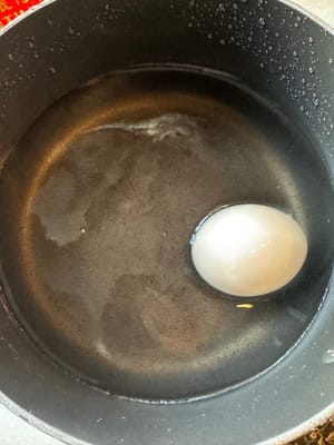 Das Ei sollte jetzt gar sein, abspülen und in kaltes Wasser legen.