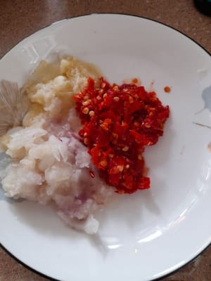 Finely ground spices (5 shallots, 3 garlic cloves, 3 large red chilies, 7 bird's eye chilies)