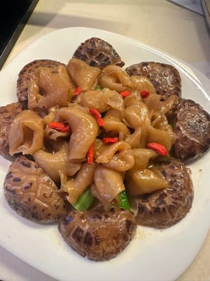 Zum Schluss die Shiitake-Pilze und den Pak Choi auf einem Teller anrichten und die Fischblase oben auf den Pak Choi legen.