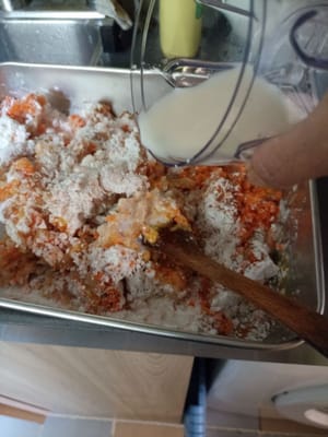 1/2 EL Salz, 1 TL Hühnerfleischpulver und 75 g frische Milch hinzufügen. Wer keine Milch mag, kann Käse verwenden.