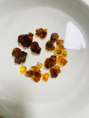 20 Gramm Pfirsichgummi 24 Stunden in Wasser einweichen. Bei heißem Wetter in den Kühlschrank stellen. Das Volumen nimmt nach dem Einweichen deutlich zu.