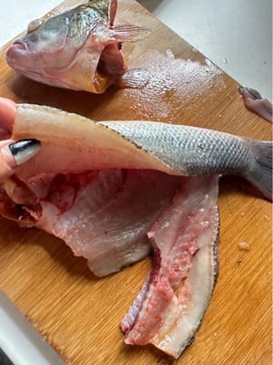 从背骨的两边开刀。从尾巴上面一点剪掉背骨