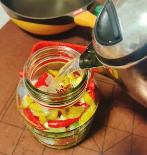 Ajoutez quelques petits piments rouges, l’eau de piments marinés, les grains de poivre du Sichuan séchés, le sucre candi, le vinaigre blanc et le vin blanc. Versez ensuite de l’eau froide préalablement bouillie, en veillant à ce que le niveau d’eau ne recouvre pas les ingrédients.