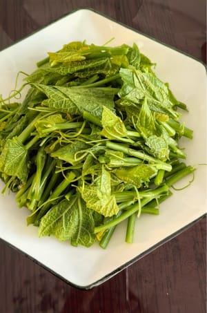 将蒸瓜苗洗净，去除菜头老的部分。切碗中的形状。备用