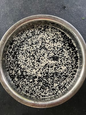 Schwarzen und weißen Sesam zum Waschen in eine Schüssel mit Wasser geben.