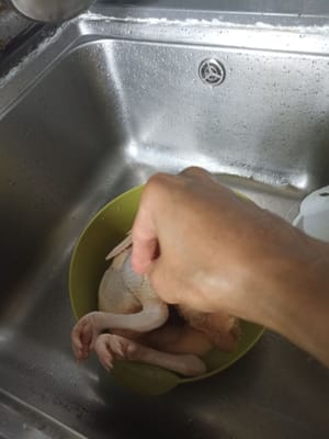 Ricoprire il pollo con le spezie dentro e fuori.