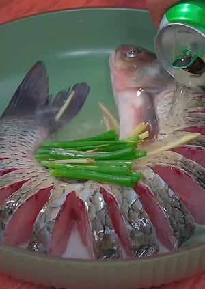 Coloque la carpa herbívora preparada en un plato, agréguele jengibre y cebollino, y vierta media botella de cerveza. Déjela en remojo durante 5 minutos para eliminar el olor a pescado.