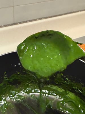 Gunakan api kecil dan aduk terus hingga sedikit mengental.