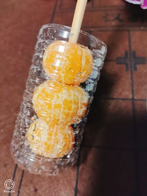 橘子去皮用筷子穿起来,拿一个矿泉水瓶放在瓶子里。