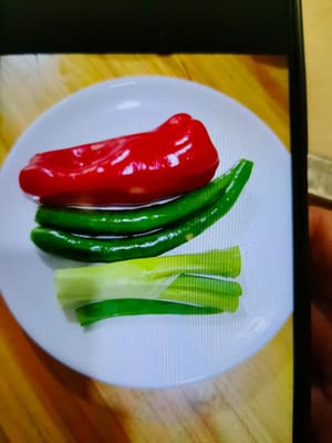 大红辣椒一个，青椒两个，大葱25克
