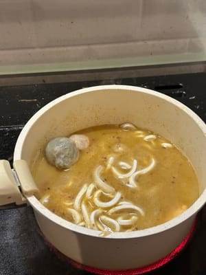 将汤煮沸，加入冷冻食材（乌冬面和火锅丸子）