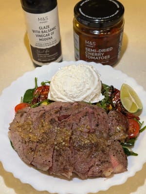 Finally, assemble everything together with the burrata and sun dried tomatoes on serving plate. Enjoy!