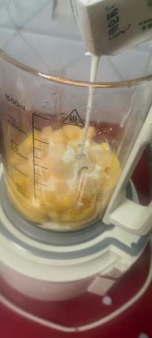 Den größten Teil davon mit Milch in einen Mixer geben und zu einem schön gefärbten Mango-Smoothie pürieren.