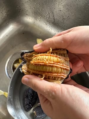 해삼이 부드러워질 때까지 물에 불린 후, 배를 가르는 부분을 따라 반으로 갈라줍니다. 앞쪽의 모래주머니, 내장(하얀 단단한 심), 그리고 안쪽 벽의 하얀 힘줄 주변의 모래를 제거합니다. 깨끗한 물로 충분히 헹궈줍니다.

모래주머니는 반드시 완전히 제거해야 합니다. 그렇지 않으면 먹을 때 거친 식감이 느껴질 수 있습니다. 안쪽 벽의 힘줄은 영양이 풍부한 부분이므로 제거할 필요가 없습니다.