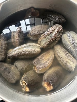 해삼을 불릴 때 중요한 것은 기름, 소금, 알칼리성 물질을 사용하지 않는 것입니다. 깨끗한 용기에 찬물을 담아 해삼이 완전히 잠기도록 합니다. 냉장고에 보관하고 2~3일 동안 (큰 해삼은 3~4일 정도 걸릴 수 있음) 하루에 두 번씩 물을 갈아주면서 해삼이 부드러워질 때까지 불립니다.