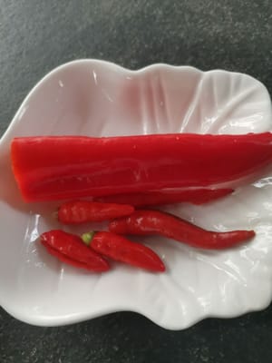 /2 large red chilies, and 4 cayenne peppers (mashed)