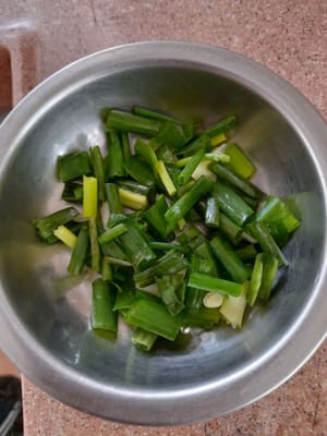 Schalotten und Knoblauch, Chilis und Tomaten, geschnittene Frühlingszwiebeln
