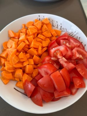 Chop onion, celery, tomatoes, carrots as shown