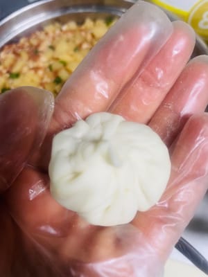 Prendete un pezzo di impasto, metteteci dentro un cucchiaio abbondante di ripieno di carne, pizzicatelo formando delle pieghe come se fosse un panino e chiudetelo bene per evitare che l'aspic fuoriesca.