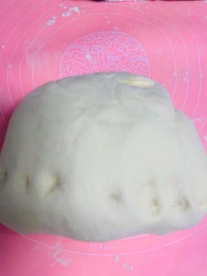 Togliete l'impasto lievitato, cospargete un po' di farina secca sul piano di lavoro per evitare che si attacchi e impastate delicatamente più volte per far uscire l'aria, fino a ottenere una superficie liscia. Non impastate troppo.