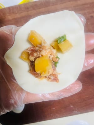 Prendete un pezzo di impasto, metteteci dentro un cucchiaio abbondante di ripieno di carne, pizzicatelo formando delle pieghe come se fosse un panino e chiudetelo bene per evitare che l'aspic fuoriesca.