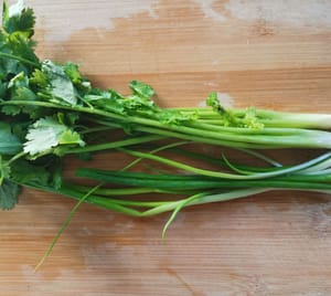 spring onion stalks and 2 stalks of coriander leaves