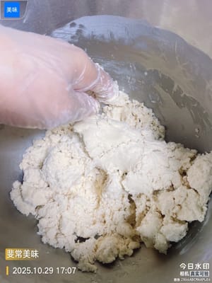 油酥制作
将油酥的材料抓拌均匀,抓拌到无干粉状态即可。油酥是起酥的关键,和油皮分层,烤的时候才会层层酥脆。