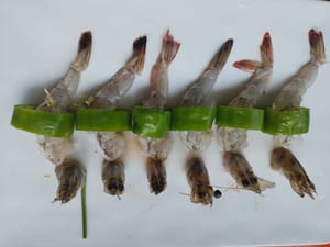 Ricoprire i gamberi con gli spicchi di peperone verde e adagiarli su un piatto con i vermicelli.