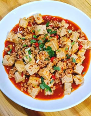 Mapo tofu, cooked with sauce.