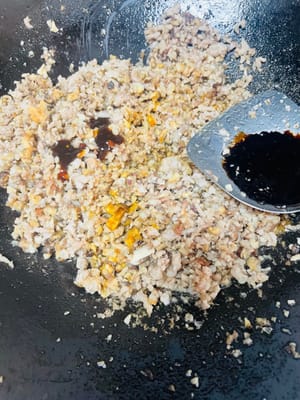 Add 40 grams of light soy sauce, 1 spoon of dark soy sauce and 1 spoon of oyster sauce and stir-fry.