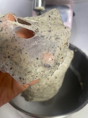 If you didn't add black sesame powder before, add it now and knead until the dough is evenly colored and the black sesame seeds are all coated in it.