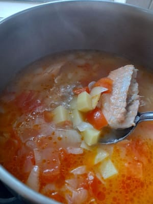 La sopa está cocida, se le añade sal, se prueba y se apaga el fuego.